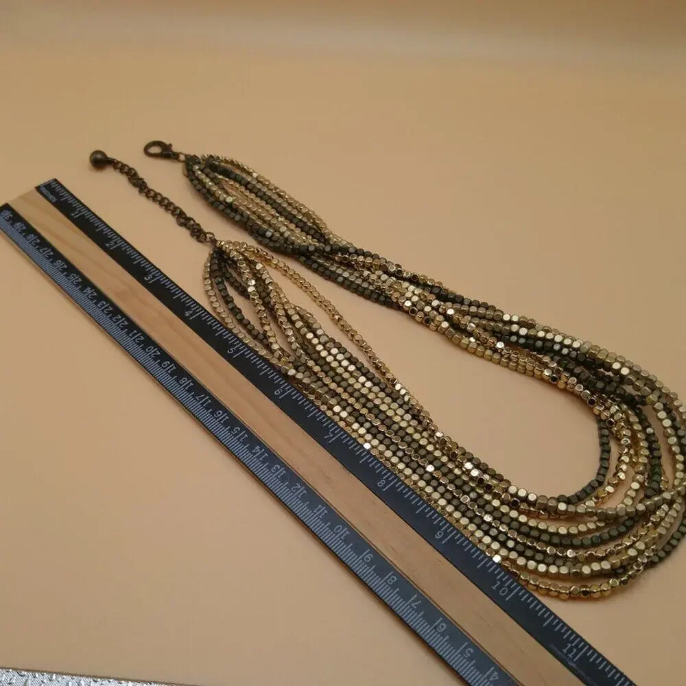 Chico’s Multistrand Metallic Gold Cube Bead Necklace Layered Statement